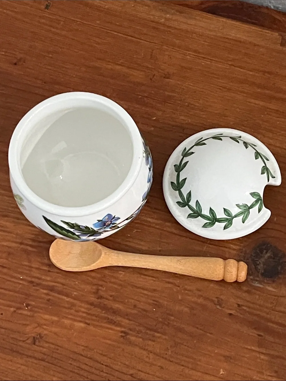 Portmeirion VTG Mustard Pot Blue Floral Ceramic Honey Pot with Wooden Spoon
